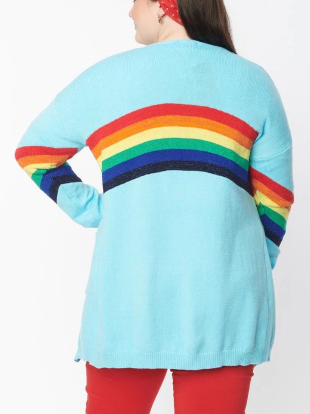 Magnolia Place - Blue Rainbow Knit Open Front Cardigan Sweater - Plus